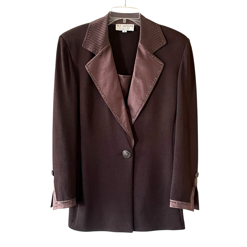 ST. JOHN EVENING Marie Gray VINTAGE Size 10 Dark Brown Embellished Knit Jacket